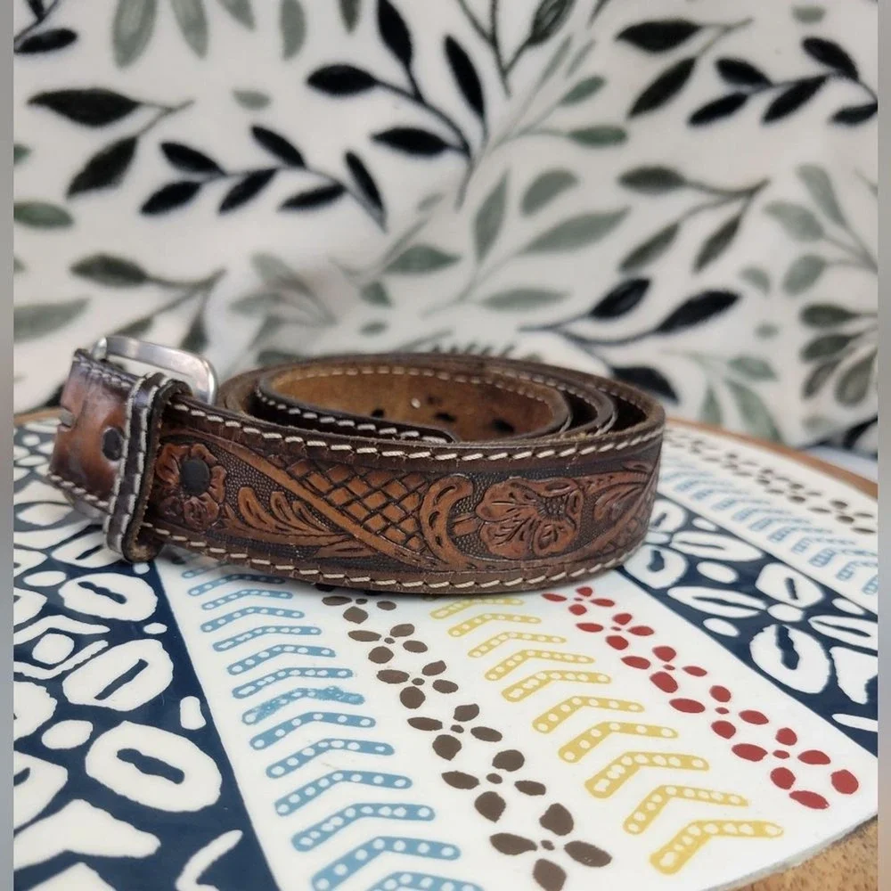 Belt Co Brown Tooled Leather Belt Men's Embellished Florid Western USA Size 38